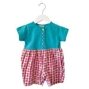 90s Teal Romper w Flower Buttons, Basics Basics by City Kids 6M
